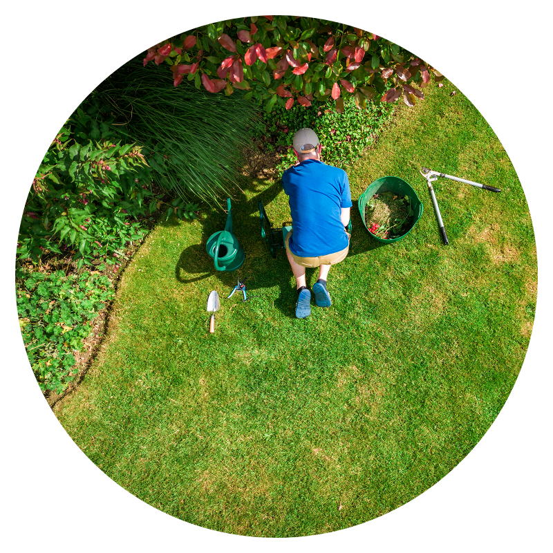 Gardener working on lawn with tools.
